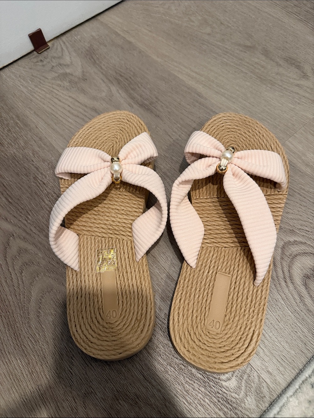 SHEIN Light Pink Bow Slide Sandals with Pearl Accent
